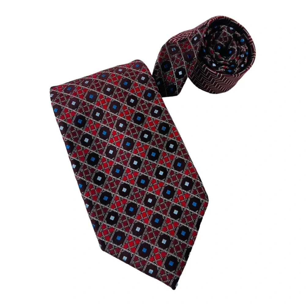 Ermenegildo Zegna Red w/‎ Silver Check w/ Blue Dot Silk Tie Size 3.5